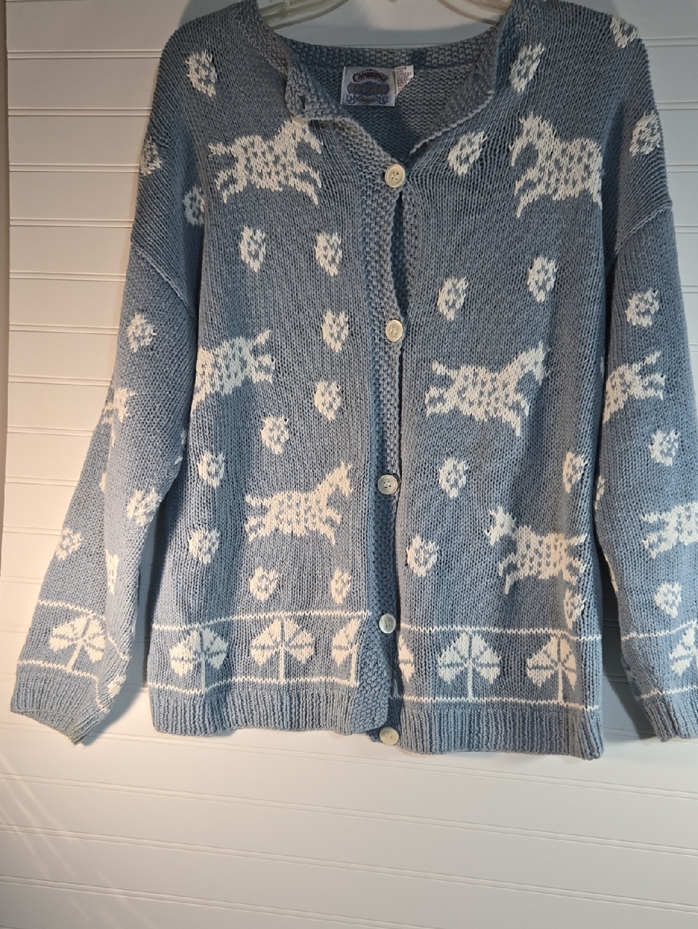 Cambridge Dry Goods Light Blue & White Horse Motif Button Cardigan